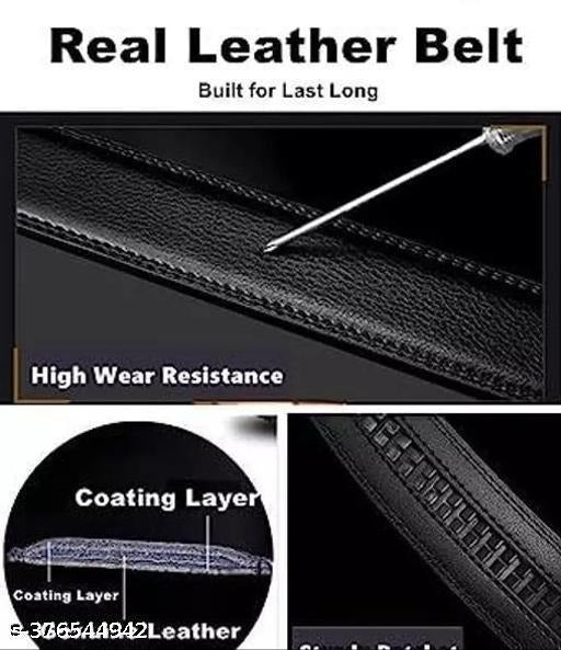 Automatic Black Leather Belt for Men – Adjustable Ratchet Belt with Metal Buckle