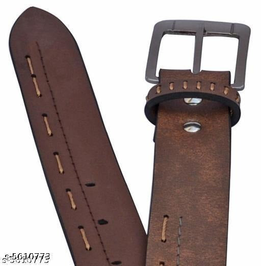Brown Vintage Leather Belt for Men – Adjustable Casual Belt with Metal Buckle & Stitch Detail