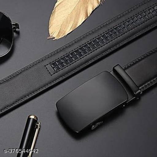 Automatic Black Leather Belt for Men – Adjustable Ratchet Belt with Metal Buckle